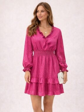 Emma & Michele Pink Jacquard Dress M Ruffle Tiered Mini Wedding Guest Spring